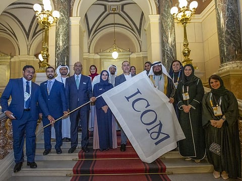 Rashad Bukhash, representing ICOM UAE and Hala Badri, director general of Dubai Culture, receiving the ICOM Flag in Prague to host of the 27th International Council of Museums (ICOM) General Conference 2025 in Dubai.