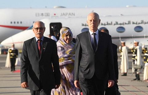 Tunisia's President Kais Saied welcomes the head of the Polisario Front movement Brahim Ghali, upon his arrival in Tunis.
