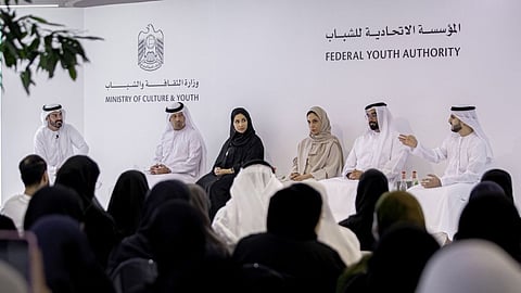 Participants at the Federal Youth Authority workshop on how to develop a successful business, with the aim of raising awareness among Emirati youth about the importance of entrepreneurship.