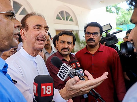 Former Congress leader Ghulam Nabi Azad speaks to the media about his future plans at his residence in New Delhi on Monday.