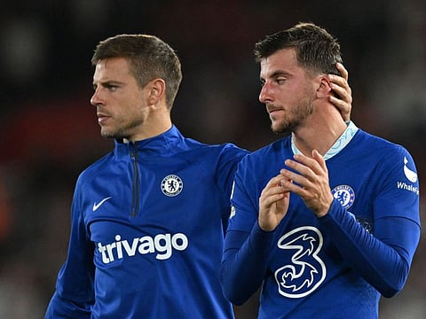 Chelsea's Spanish defender Cesar Azpilicueta (lef) and Chelsea's English midfielder Mason Mount react after the English Premier League defeat to Southampton at St Mary's Stadium in Southampton, southern England.