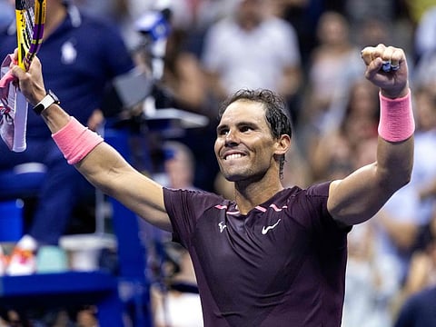 Spain's Rafael Nadal celebrates his win over Australia's Rinky Hijikata during their 2022 US Open Tennis tournament men's singles first round match at the USTA Billie Jean King National Tennis Center in New York.