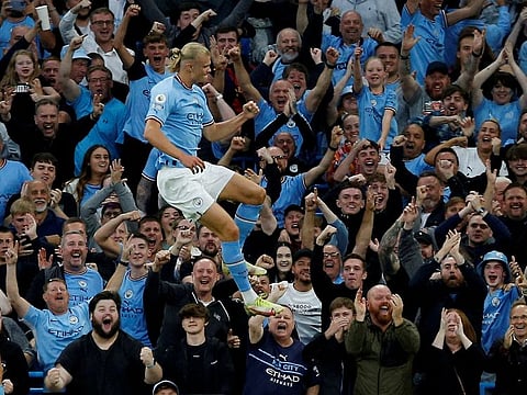 Manchester City's Erling Braut Haaland celebrates scoring their second goal.
