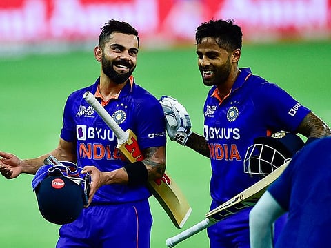 Suryakumar Yadav (right) put on an unbroken 98-run partnership with Virat Kohli against Hong Kong at Dubai International Stadium on Wednesday.