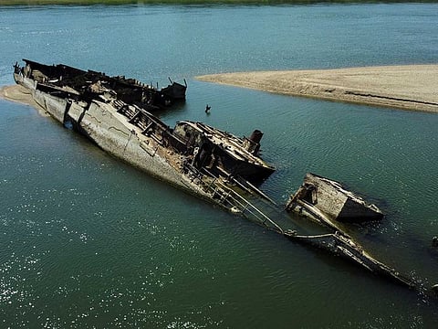 Wreckage of a World War Two German warship is seen in the Danube in Prahovo, Serbia, August 18, 2022.