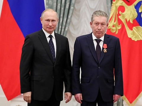 Russian President Vladimir Putin stands next to First Executive Vice-President of oil producer Lukoil Ravil Maganov after decorating him with the Order of Alexander Nevsky during an awarding ceremony at the Kremlin in Moscow, Russia, November 21, 2019.