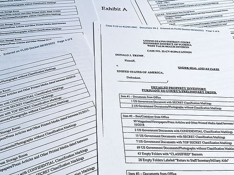 A detailed property inventory of documents and other items seized from former US President Donald Trump's Mar-a-Lago estate is seen after the document was released to the public by the US District Court for the Southern District of Florida in West Palm Beach, Florida.