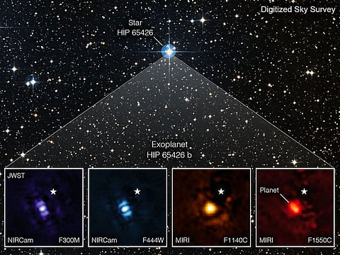 This annotated image obtained from NASA on September 2, 2022, shows a James Webb Space Telescope direct image of a planet outside our solar system. The image shows the exoplanet HIP 65426 b in different bands of infrared light.