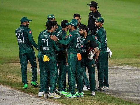 Pakistan players celebrate the 155-run win over Hong Kong in the Group A encounter at the Sharjah Stadium on Friday.
