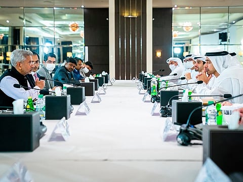 Sheikh Abdullah bin Zayed Al Nahyan (right), Minister of Foreign Affairs and International Cooperation, and Dr Subrahmanyam Jaishankar (left), Minister of External Affairs of the Republic of India, during the meeting in Abu Dhabi