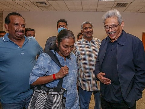 Sri Lanka's ousted President Gotabaya Rajapaksa's party members welcome him and his wife Ioma Rajapaksa at the Bandaranaike International Airport in Sri Lanka, September 2, 2022.