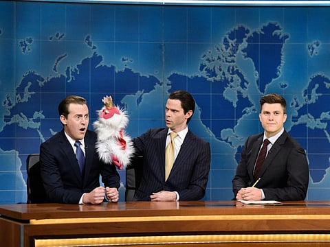 Alex Moffat alongside Mikey Day and Colin Jost during “Weekend Update” on “Saturday Night Live.”