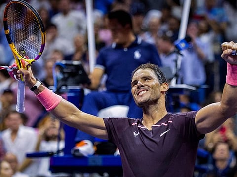 Spain's Rafael Nadal celebrates after defeating France's Richard Gasquet during their 2022 US Open Tennis tournament men's singles third round match at the USTA Billie Jean King National Tennis Center in New York.