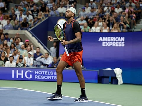 Nick Kyrgios, of Australia, celebrates winning the match against Daniil Medvedev, of Russia, during the fourth round of the U.S. Open tennis championships in New York.