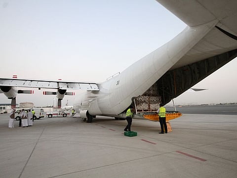 The first batch constituted three plane trips to Karachi carrying 33 tonnes of humanitarian relief, as well as shelter items from the United Nations High Commissioner for Refugees (UNHCR) stockpiles in Dubai, aboard C130 military planes.