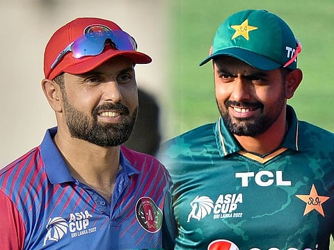 Captains Mohammad Nabi and Babar Azam of Pakistan. While Pakistan hope to seal a berth in the final, Aghanistan are aiming to revive their fortunes in Super 4 of the DP World Asia Cup cricketet tournament in the UAE.