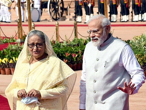 Indian Prime Minister Narendra Modi interacts with Bangladesh Prime Minister Sheikh Hasina at the ceremonial reception, at Rashtrapati Bhavan, in New Delhi on Tuesday, September 6, 2022.