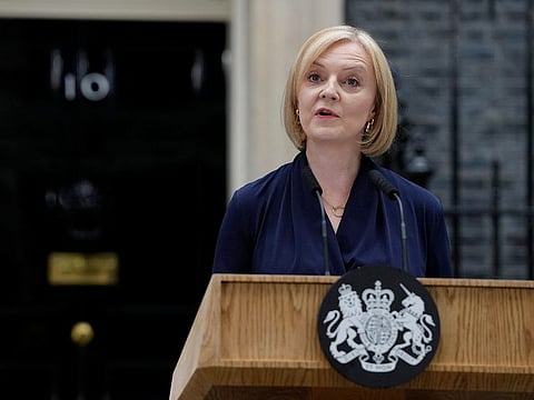 British Prime Minister Liz Truss makes an address outside Downing Street in London