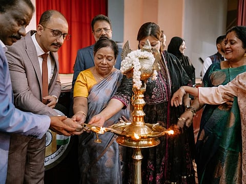 Principals of various CBSE schools in Ajman join the inauguration ceremony by lighting the traditional lamp at the Teachers Excellence Award ceremony.