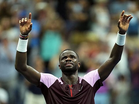 Frances Tiafoe of the United States reacts after defeating Rafael Nadal of Spain on day eight of the 2022 US Open on Monday.