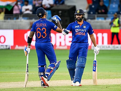 Indian captain Rohit Sharma and Suryakumar Yadav in action against Sri Lanka during the DP World Asia Cup match at the Dubai International Stadium on September 7, 2022.