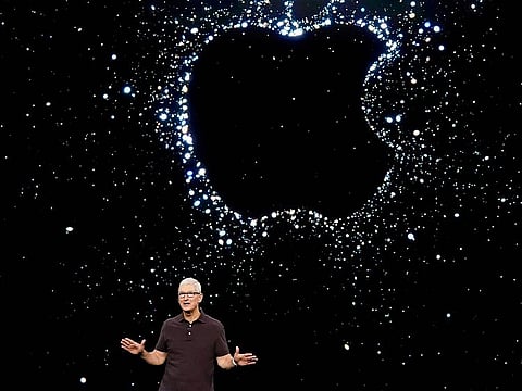 Apple CEO Tim Cook speaks at an Apple event on the campus of Apple's headquarters in Cupertino, California, on Wednesday, September 7, 2022.