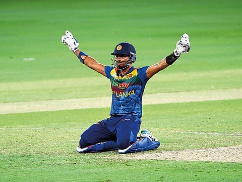 Sri Lankan skipper Dasun Shanaka celebrates after guiding his team to victory over India in the Super 4 clash of the DP World Asia Cup on Tuesday.
