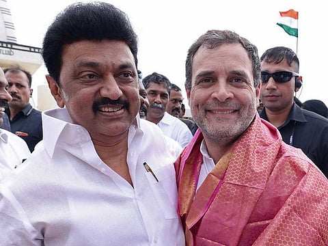 Tamil Nadu Chief Minister MK Stalin with Congress leader Rahul Gandhi during the Bharat Jodo Yatra, in Kanyakumari on Wednesday, September 7, 2022.