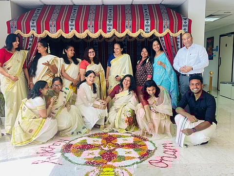 Members of the Senior Leadership Team of GEMS Our Own Indian School in Dubai celebrate Thiruvonam on Thursday.