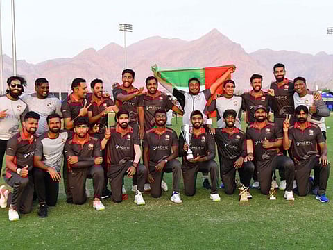 UAE team celebrating after winning the Twenty20 World Cup qualifiers in Oman.