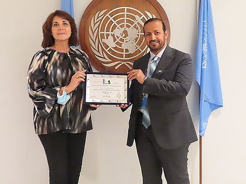 Dr Tariq Sultan bin Khadem (right), member of the Executive Council of the Emirate of Sharjah and head of the Department of Human Resources, with Jacqueline Edambom, vice president of Environmental Facilities for People with Disabilities at the United Nations
