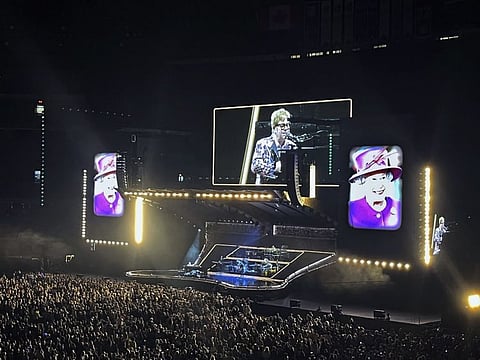 Elton John performs Thursday, September 8, 2022 in Toronto. Elton John paid tribute to Queen Elizabeth II at his final concert in Toronto, on Thursday night.