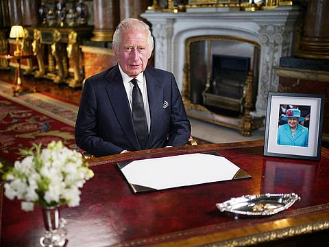 King Charles III delivers his address to the nation and the Commonwealth from Buckingham Palace, London