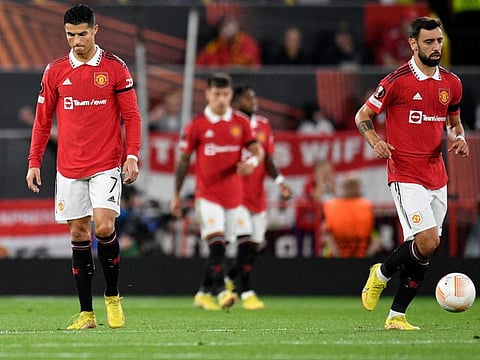 Manchester United's Cristiano Ronaldo (left) and Bruno Fernandes react after conceding a goal during the Uefa Europa League Group E match against Real Sociedad at Old Trafford stadium on Thursday.
