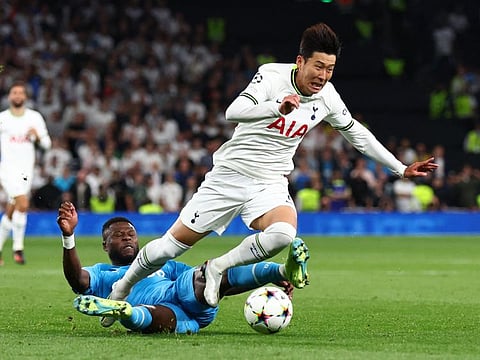 Marseille's Chancel Mbemba fouls Tottenham Hotspur's Son Heung-min before being shown a red card during their Champions League Group D clash in London on Wednesday.