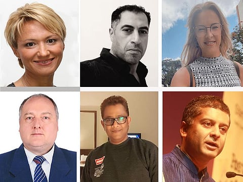 Laura Everest (left column top), Mike Cheetham (left column bottom), Haroon Ali (centre column top), Mitchell Perera (centre column bottom), Justine Welch (right column top), and Anoop Bhargava (right column bottom)