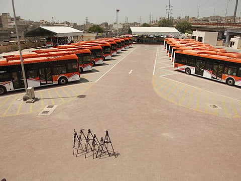 The fleet of hi-tech buses just before the launch of the service in Karachi on Saturday.