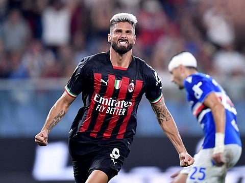AC Milan's Olivier Giroud celebrates scoring their second goal against Sampdoria during the Serie A clash at the Stadio Comunale Luigi Ferraris, Genoa, Italy.