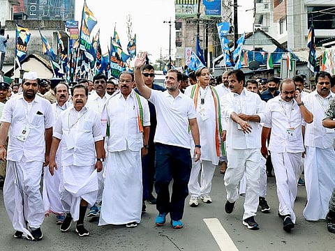 Congress leader Rahul Gandhi with party MPs KC Venugopal, Shashi Tharoor, party leader VD Satheesan and others takes part in the padayatra on the fifth day of party's Bharat Jodo Yatra, at Parassala, in Thiruvananthapuram on Sunday.