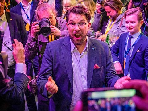 Jimmie Akesson, leader of the Sweden Democrat party, reacts during the party's election night event in Stockholm, Sweden, on Monday, Sept. 12, 2022.