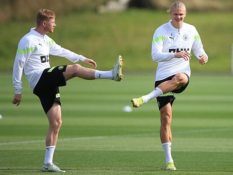 Erling Haaland (right) and Kevin De Bruyne at Manchester City's training ground on the eve of the UEFA Champions League Group G match against Borussia Dortmund.