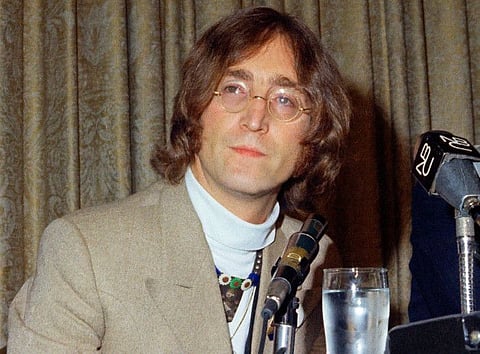 Singer John Lennon appears during a press conference at the Hotel Americana on May 13, 1968, in New York.