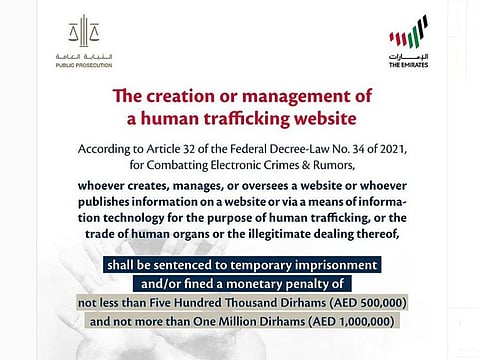 UAE Public Prosecution warns of up to Dh1 million fine for running human trafficking websites