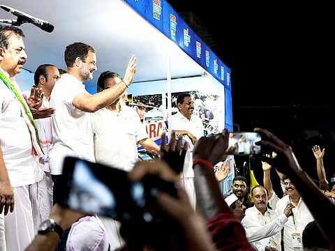Congress leader Rahul Gandhi waves to people during Bharat Jodo Yatra at Kazhakuttom in South India