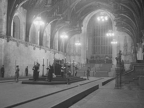 The late King George VI lies in state in Westminster Hall, London, on Feb.11, 1952.