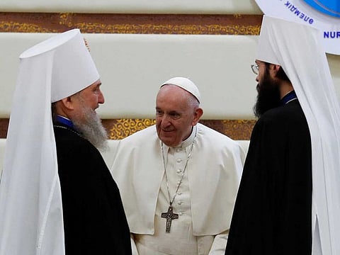Pope Francis meets Bishop Anthony of the Russian Orthodox Church on the day of the VII Congress of Leaders of World and Traditional Religions at the Palace of Independence in Nur-Sultan, Kazakhstan, September 14, 2022.