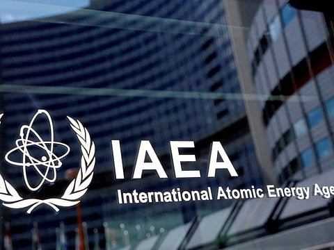 The logo of the International Atomic Energy Agency is seen at IAEA headquarters during a board of governors meeting in Vienna.