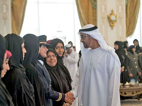 President His Highness Sheikh Mohamed bin Zayed Al Nahyan interacts with young leaders (file)