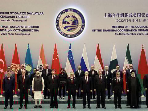 Participants of the Shanghai Cooperation Organisation summit 2022, including Kyrgyz President Sadyr Japarov, Kazakh President Kassym-Jomart Tokayev, Indian Prime Minister Narendra Modi, Chinese President Xi Jinping, Uzbek President Shavkat Mirziyoyev, Russian President Vladimir Putin, Tajik President Emomali Rakhmon, Pakistani Prime Minister Shehbaz Sharif, Iranian President Ebrahim Raisi and Belarusian President Alexander Lukashenko