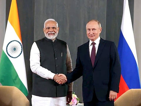 Indian Prime Minister Narendra Modi meets Russian President Vladimir Putin on the sidelines of the 22nd Meeting of the Council of Heads of State of the Shanghai Cooperation Organisation (SCO), in Samarkand on Friday.